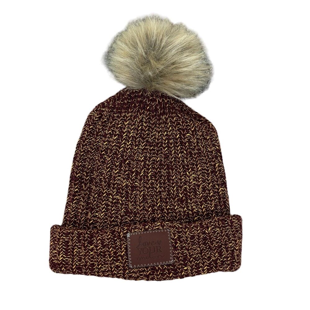 Love Your Melon Red Yellow Pom Pom Beanie Cuffed Style